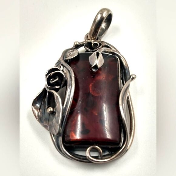 Baltic Amber Sterling Silver Art Nouveau Floral Pendant Vintage - Picture 1 of 16